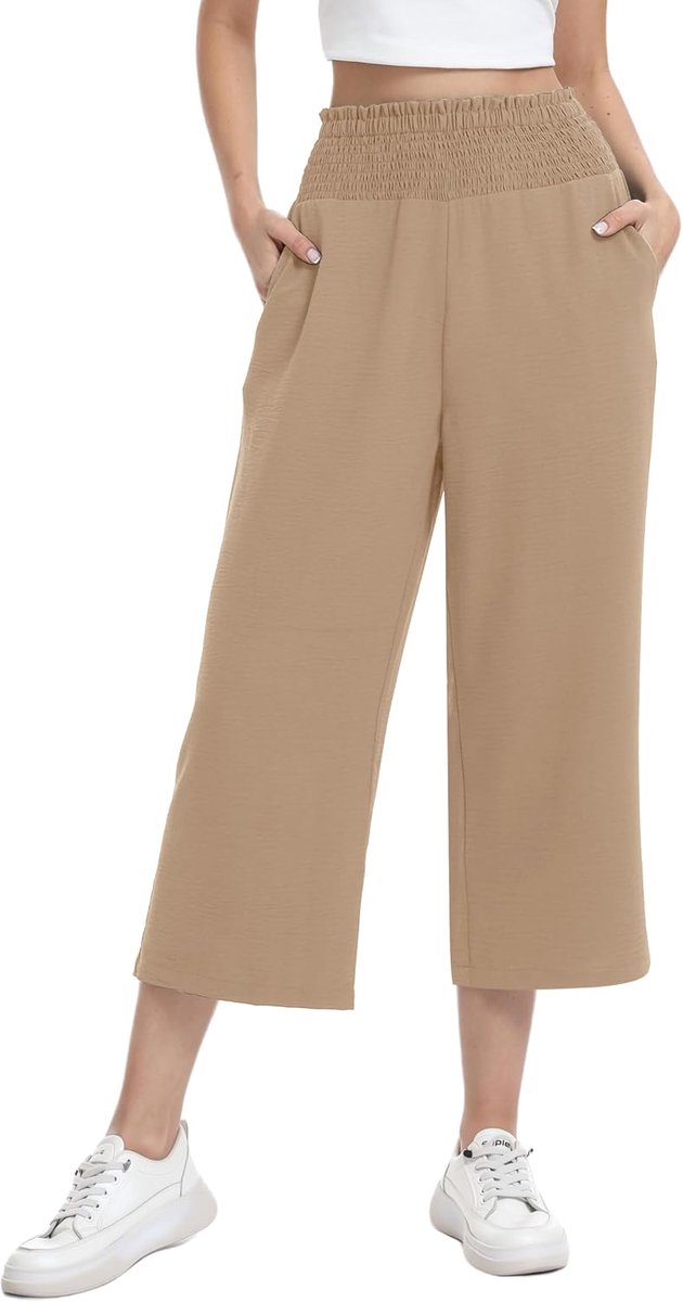 3/4 culotte broek elastische hoge taille zomerbroek | lichte driekwart capribroek met wijde pijpen en zakken