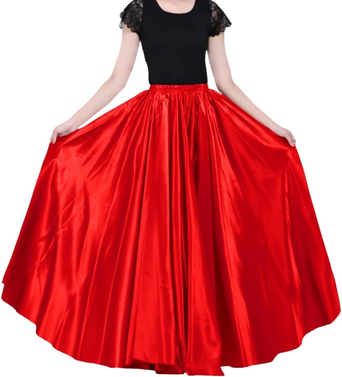 Midi-rok voor dames, 90 cm, satijn, elastische taille, voor Belly Dance Princess, party, cosplay kostuum, rood, One size