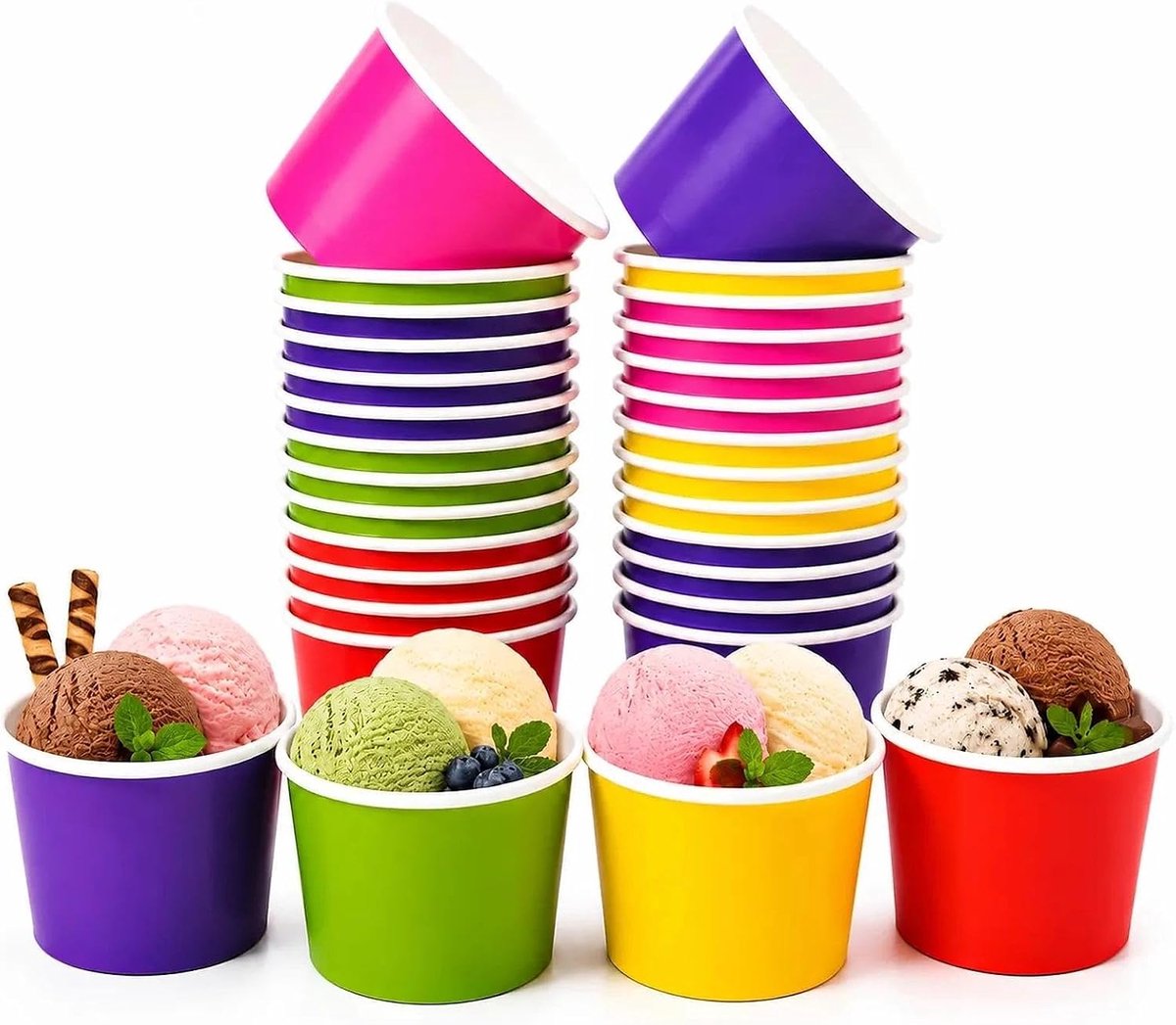Ijsschaal, versterkte papieren beker, taartbeker, dessertbeker, 180 ml met 9,5 cm papieren lepel (6 kleurrijke patronen, elk 30 + 30 papieren lepels)