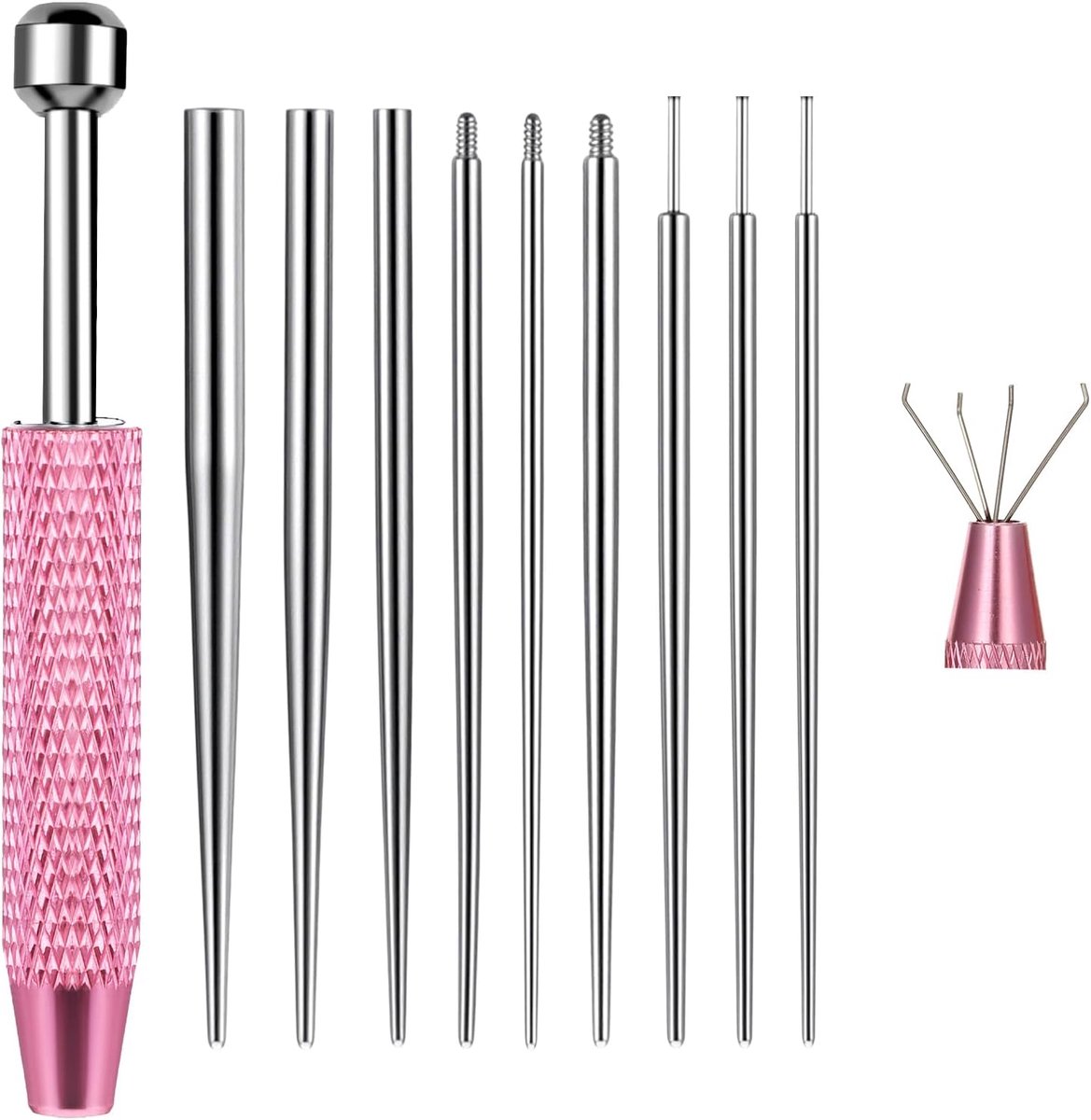 9 stuks roestvrijstalen piercingnaalden met kogelsieradenhouder, oorpiercing, 12/14/16/18/20 G, invoergereedschap zonder schroefdraad voor oor, neus, lippen (roze)