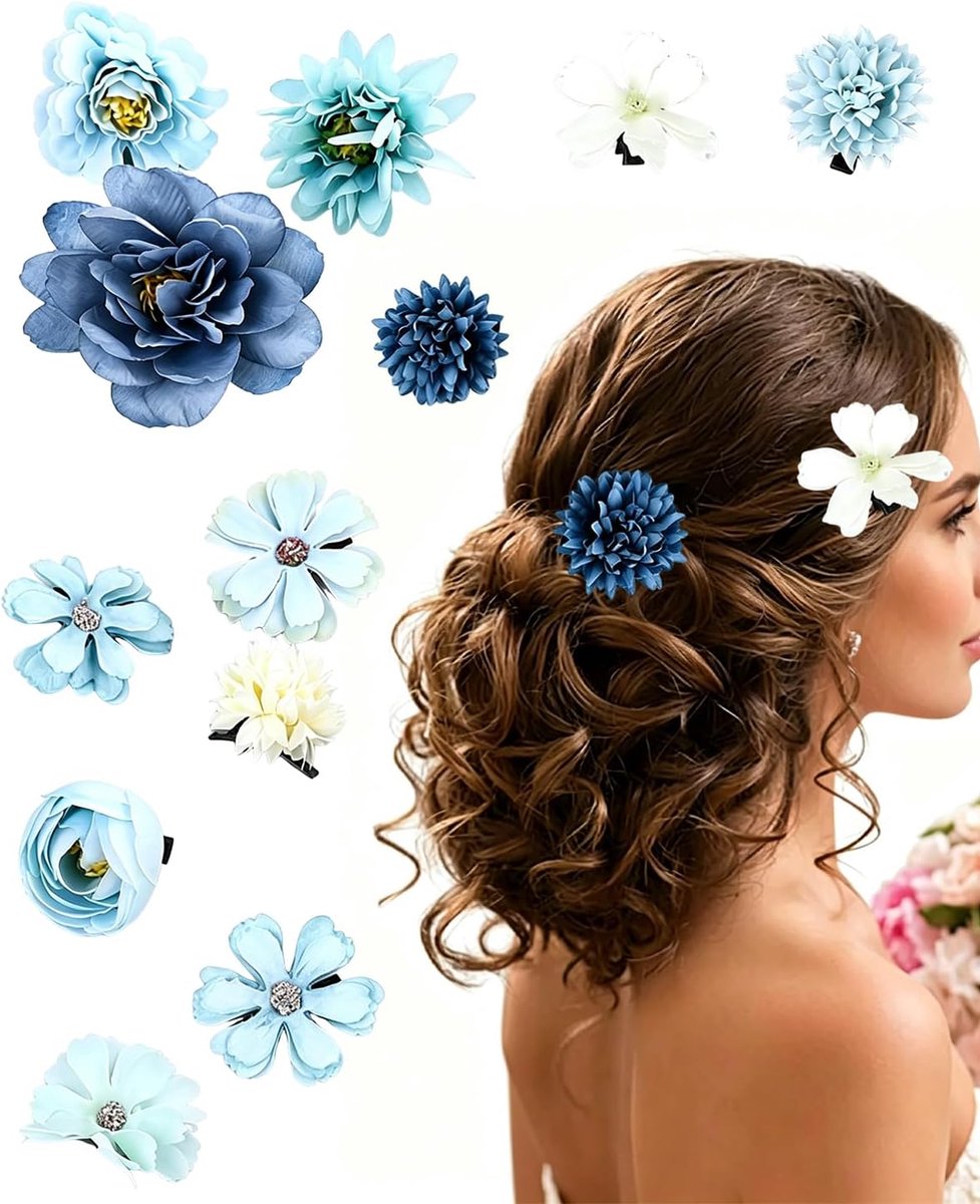 Haarspelden met bloemen, 12 stuks, lichtblauw, elegante haarspelden voor dames, bloemenaccessoires met veilige grip, perfect voor communie en bruiloft