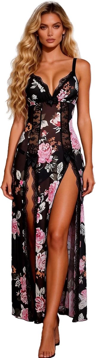 Negligé dames sexy mesh jurk met split lingerie sexy lingerie set kant lingerie push up babydoll V-hals comfortabel ondergoed grote maten transparant nachtkleding met slip