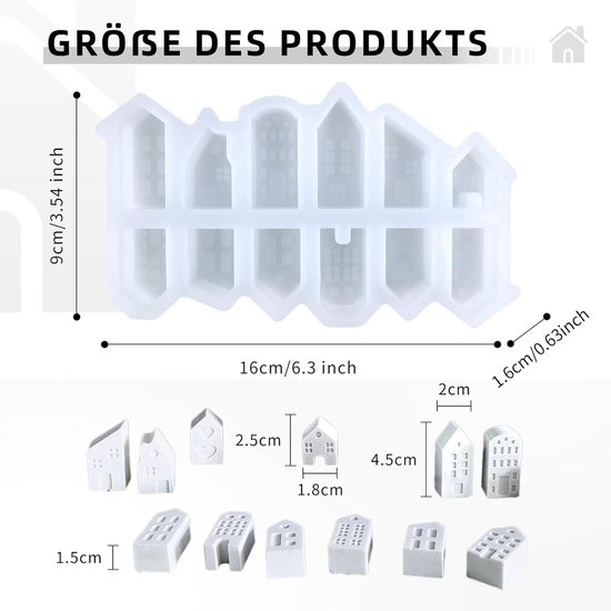 Gietvormen voor huizen, 12 vormen om te gieten met gips, creatief beton, was, gietpoeder, siliconen gietvorm, mini-huizen en kaarsvormen — afbeelding 2