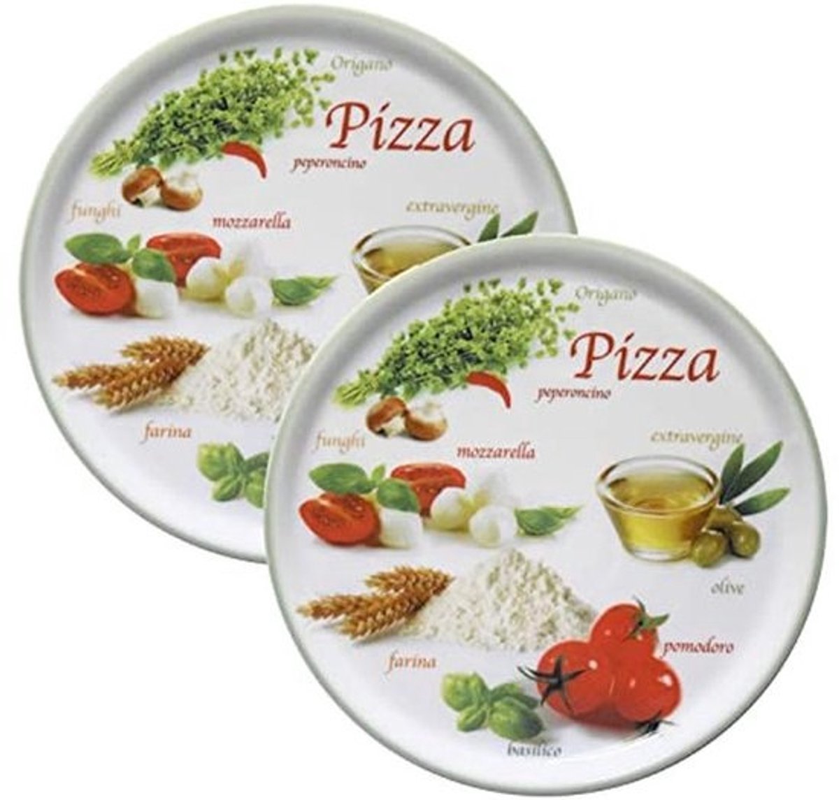 Groene Pizzaplaat Ø 32 cm - Grote Porseleinen Borden voor 2 Personen met Motieven en Letters