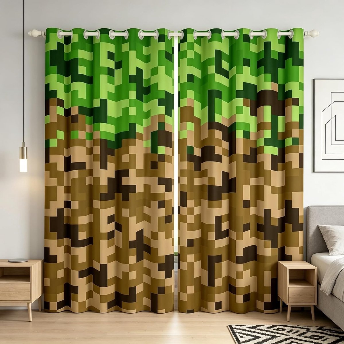 Venstergordijnen voor slaapkamer, S-maat, Miners stijl, vierkant, rooster, schaduw, woondecoratie, cartoon, gamepad, moderne raamgordijnen, 2 panelen voor kinderen