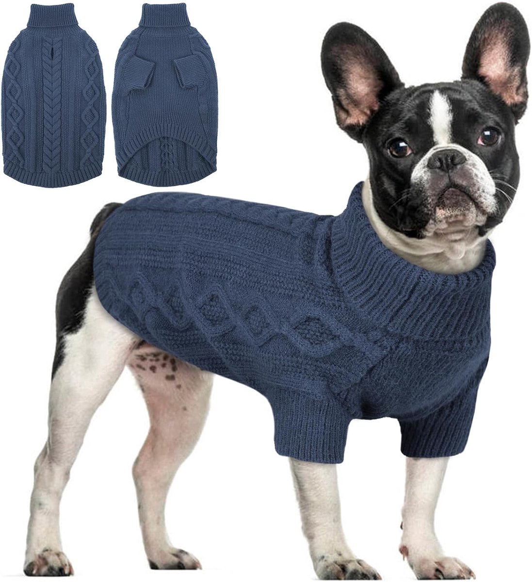 Middelgrote maat, eenvoudig en elegant, warme hondentrui met gat voor borstharnas, thermisch shirt voor Franse bouledogue (blauw denim M)
