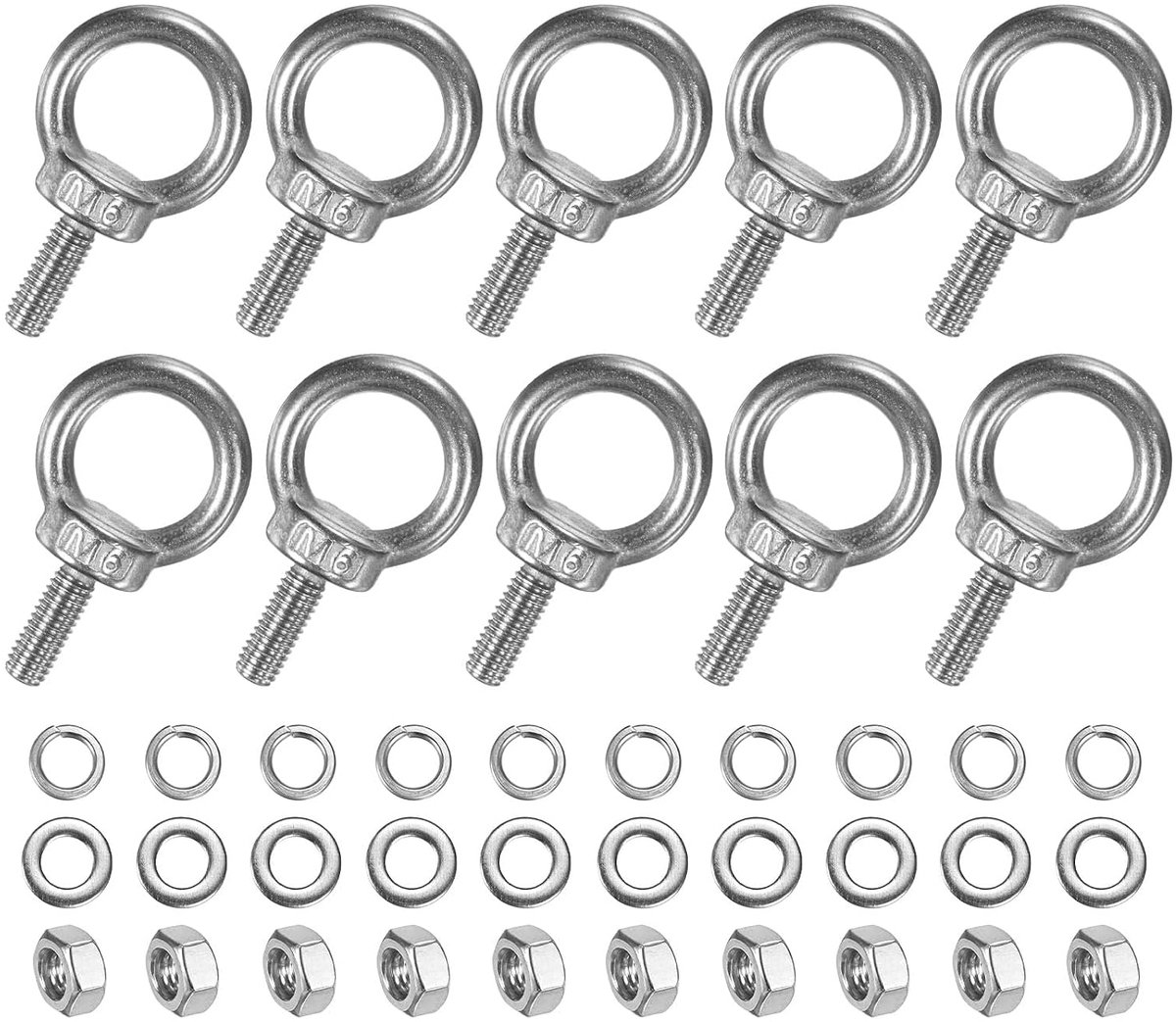 10 x ogen van roestvrij staal, M6 x 16 mm, hefoog met schouders met moeren en sluitringen met schouders, lengte 1,6 cm voor ophanging/bevestiging