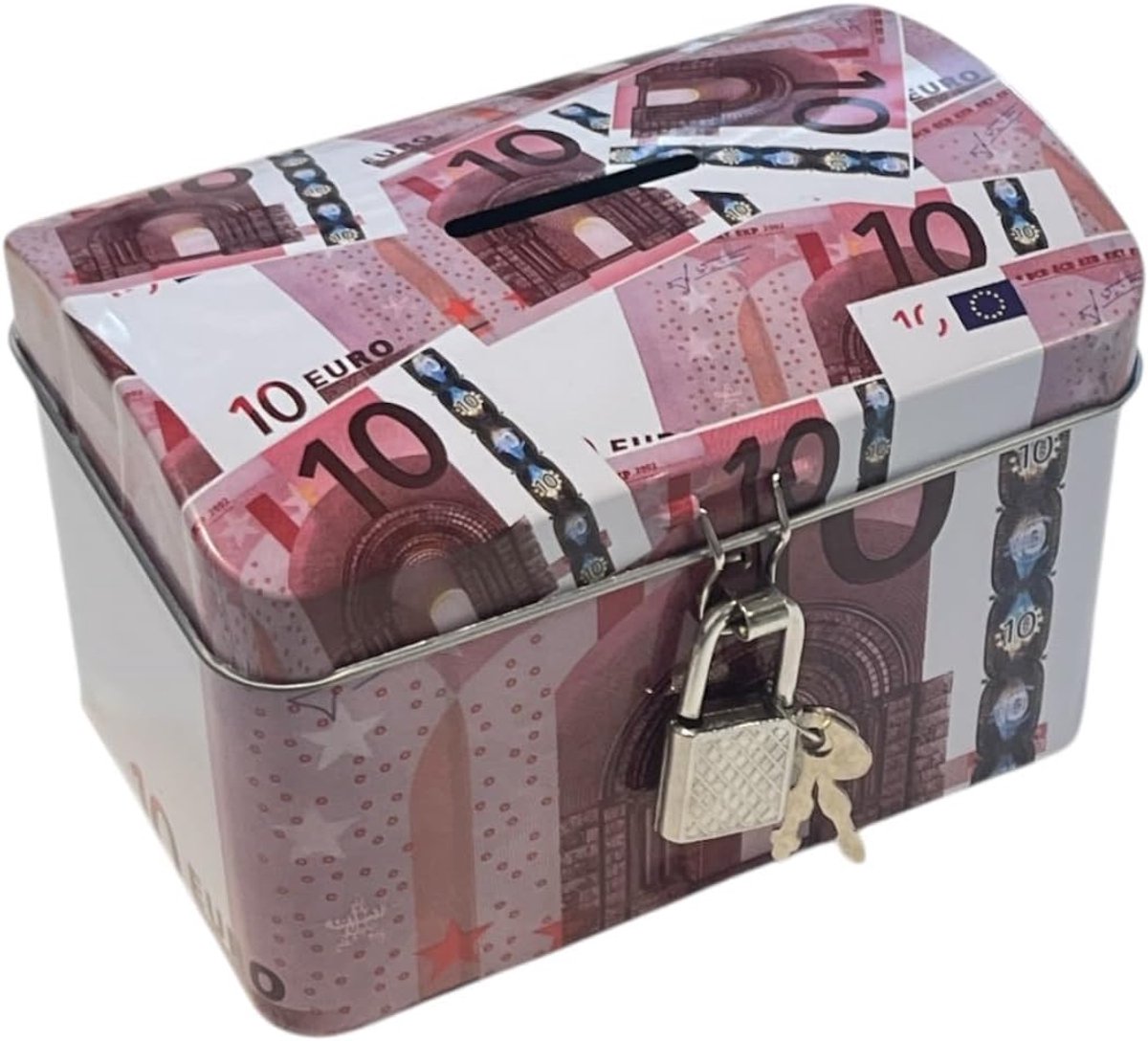 Spaarpot van metaal met hangslot, ontwerp van eurobankbiljetten, decoratieve spaarpot