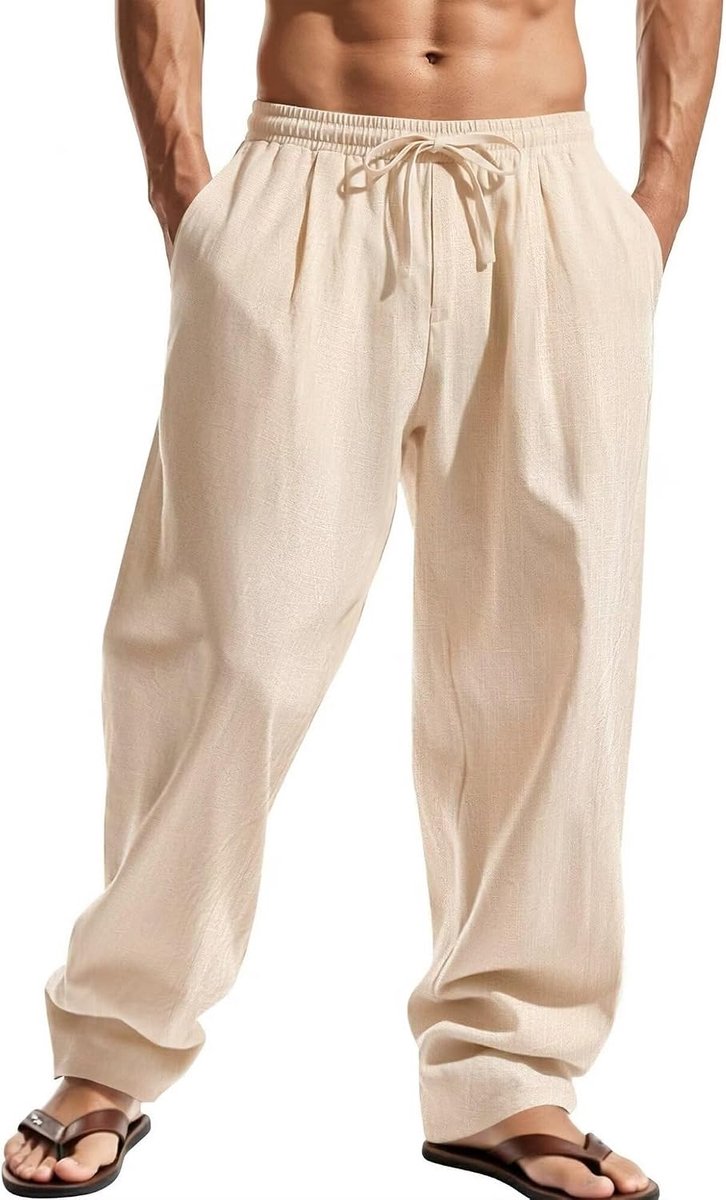 Lange lichte katoenen broek voor heren, casual zomerbroek met elastische tailleband en trekkoord, voor strand, vakantie en dagelijks gebruik