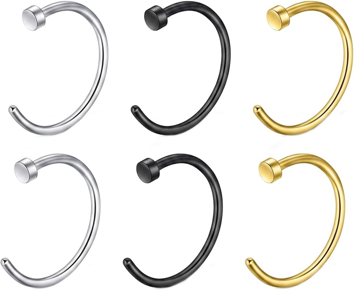 Neuspiercing, ring, 6 stuks, chirurgisch staal, set in 3 kleuren (goud, zilver, zwart) - pijnvrij voor septum, lippen en oor, zonder piercinglook