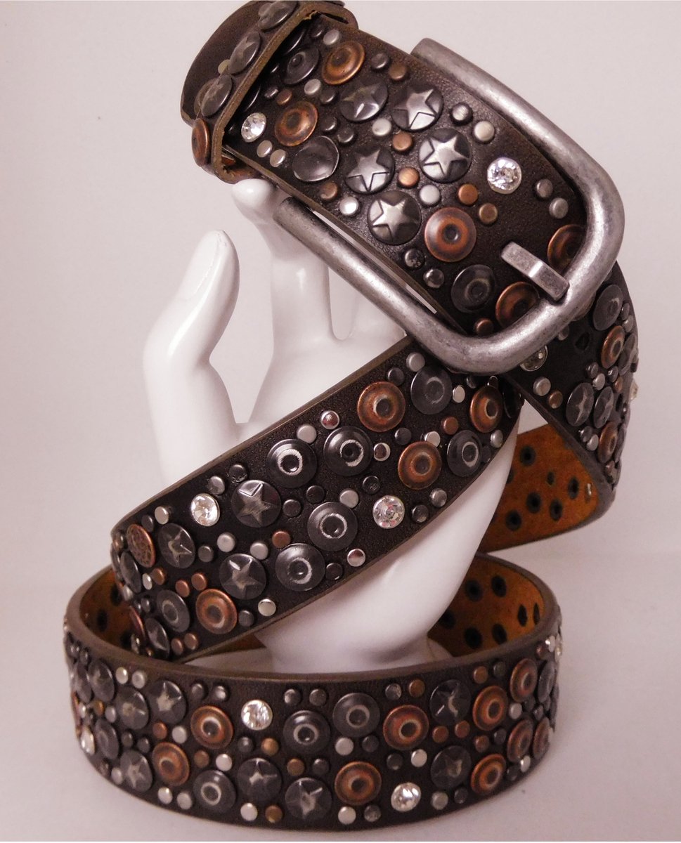 Hetty'S - Bruine Western riem - echt leer - met veel Studs en Rhinestones - maat 95 cm