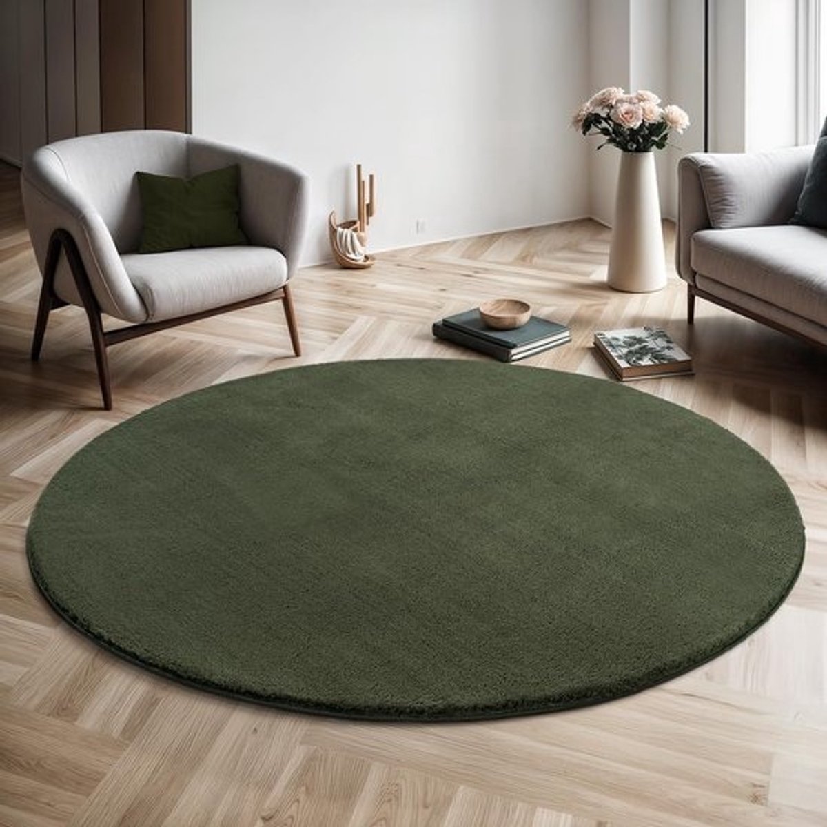 Zacht Rond Badkamer Tapijt - Anti-Slip en Wasbaar - Donkergroen - 120 cm