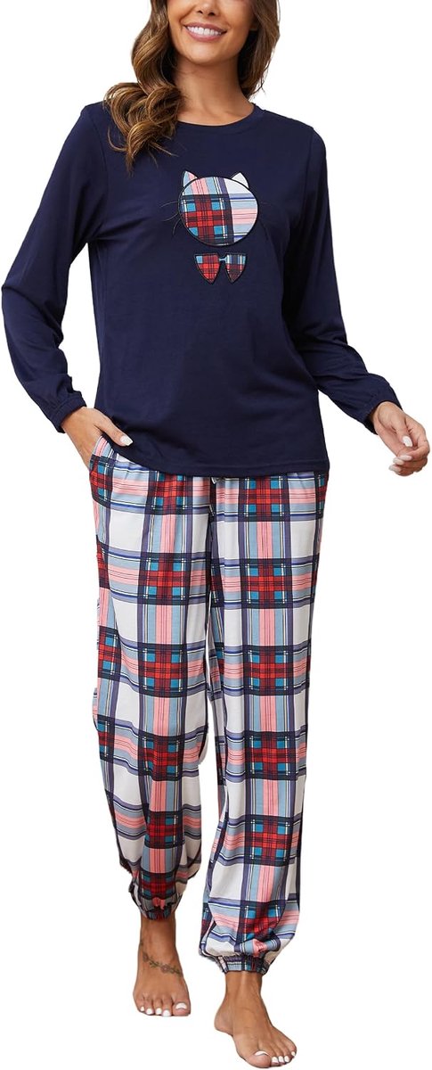 Pyjama Dames Lange Pyjama Katoenen Winter Pyjama Set Ronde Hals Top en Pyjamabroek Lange Mouwen Loungewear Nachtkleding Huispak Gezellig Vrijetijdspak