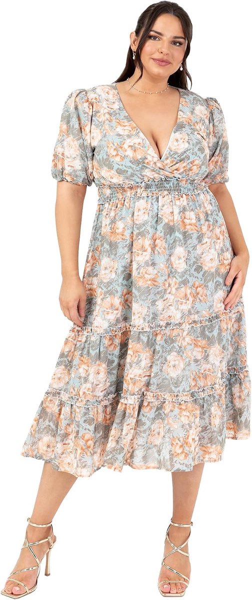 Dames Dames Midi V-hals Korte Pofmouwen Wrap Geplooide Taille Bloemenprint Ruches Fit en Flare Bruiloft Gast Jurk