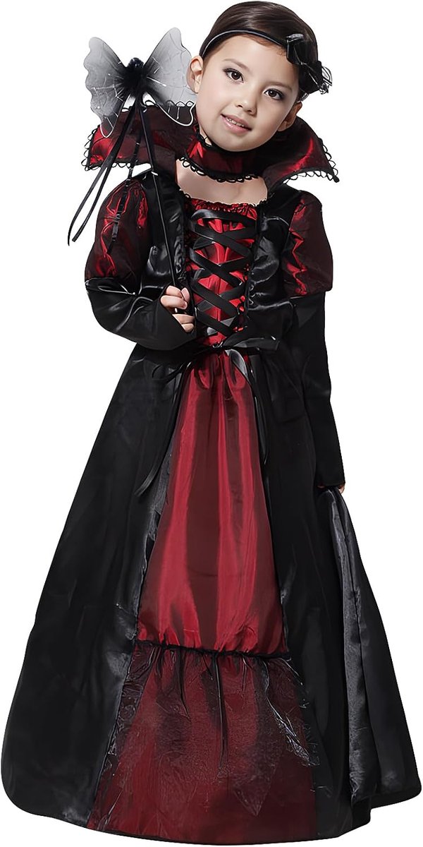 Vampierkostuum voor kinderen, meisjes, Halloween-vampierkostuum voor kinderen, gothic vampierkostuum, zwart en rood, vampierjurk voor carnaval, Halloween, verkleedpartij, cosplay