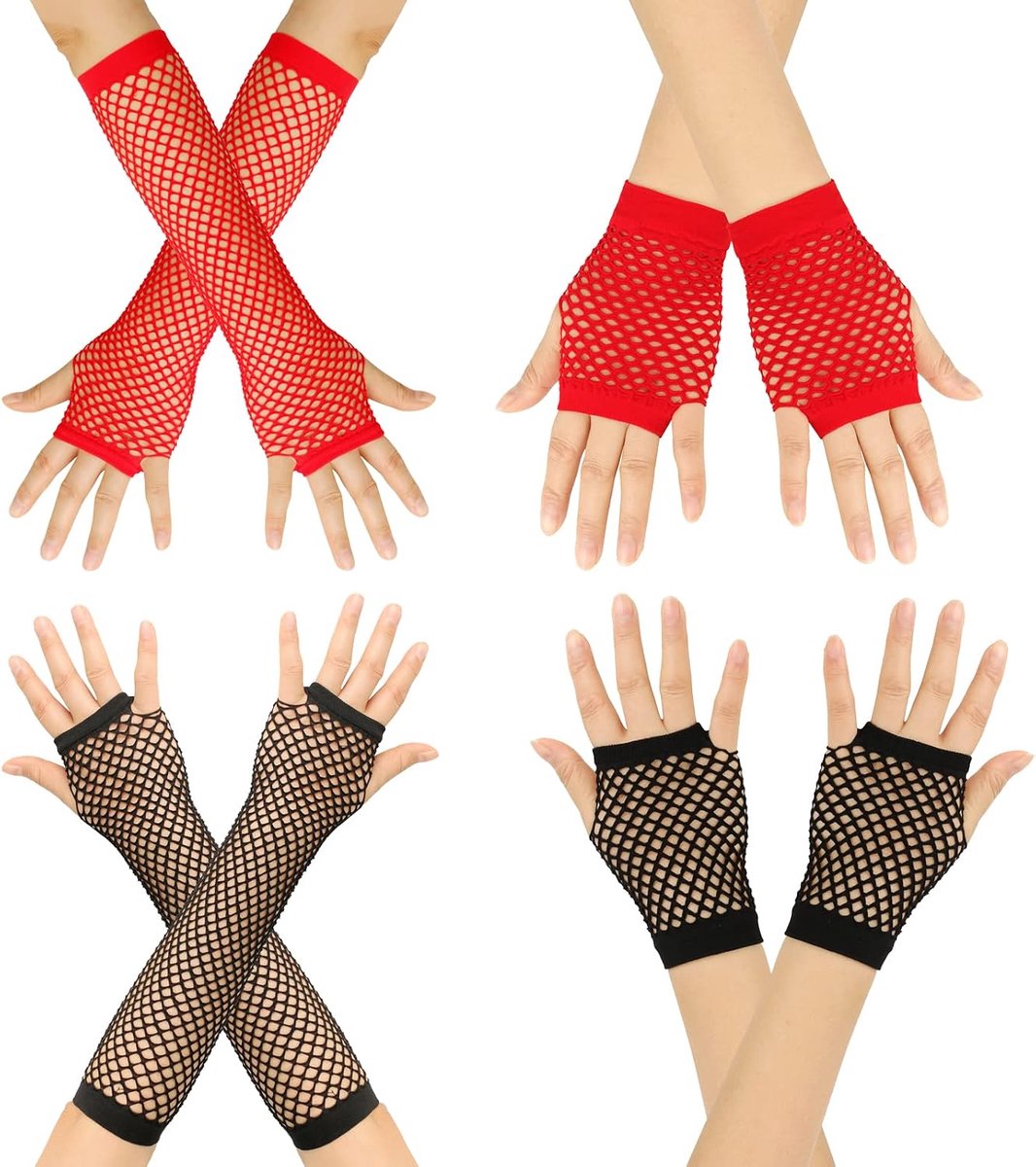 Handschoenen, 4 paar nethandschoenen, rotsachtige nethandschoenen, visnethandschoenen, vingerloze nethandschoenen voor feestaccessoires, carnaval, themafeest (zwart, rood)