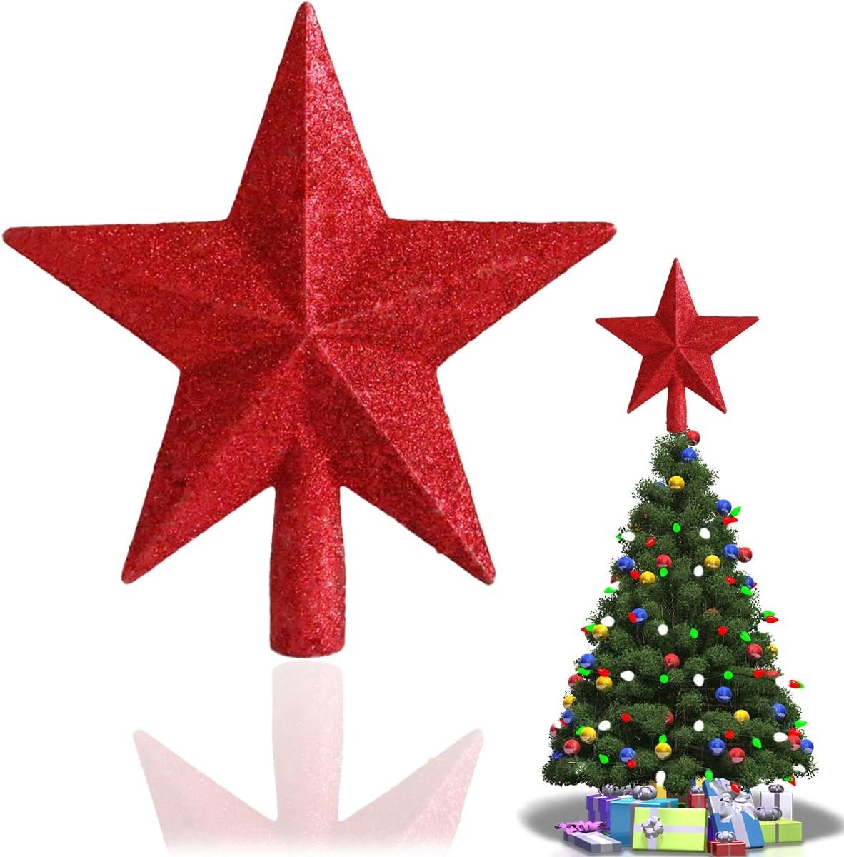 Ster voor de kerstboom, glanzende kerstster, kerstboompiek in stervorm, ster voor de kerstboom, kerstboompiek, voor kerstboomversiering, feestdecoratie, rood