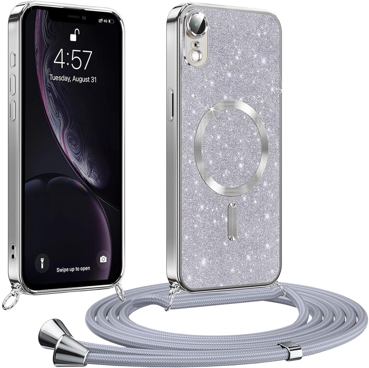 Glitter beschermhoes voor iPhone XR 6,1 inch met omhangband, schokbestendige siliconen hoes, compatibel met MagSafe Cover met trekkoord, anti-kras, vergeelt niet, zilver