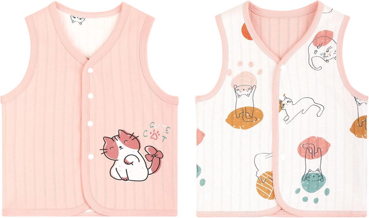 Dubbelzijdig, mouwloos, vest voor kinderen, katoen, lente, herfst, cardigan met drukknop, roze, maat 90, 7071 kat design roze, 74-80
