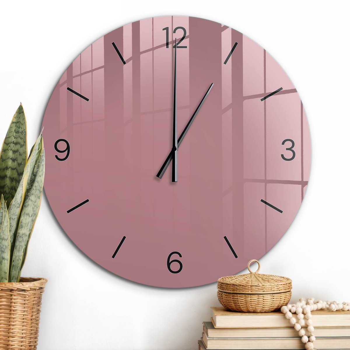 ArtPrintCave Roze Glazen Klok - Wandklok 60 cm - Muurklok Rond - Oudroze Stille Wandklok - Abstractie Wandklok Keuken - Zwarte Klokwijzers