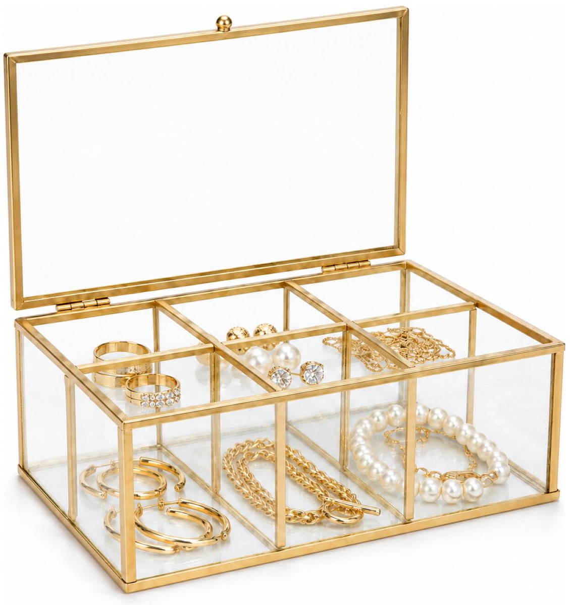 Bellatio Design Sieraden organizer - goud - 6-vaks - metaal / glas - 22 x 16 x 9 cm - juwelenkistje