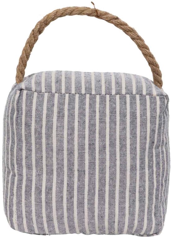Blauw gestreepte deurstopper met touwlus.