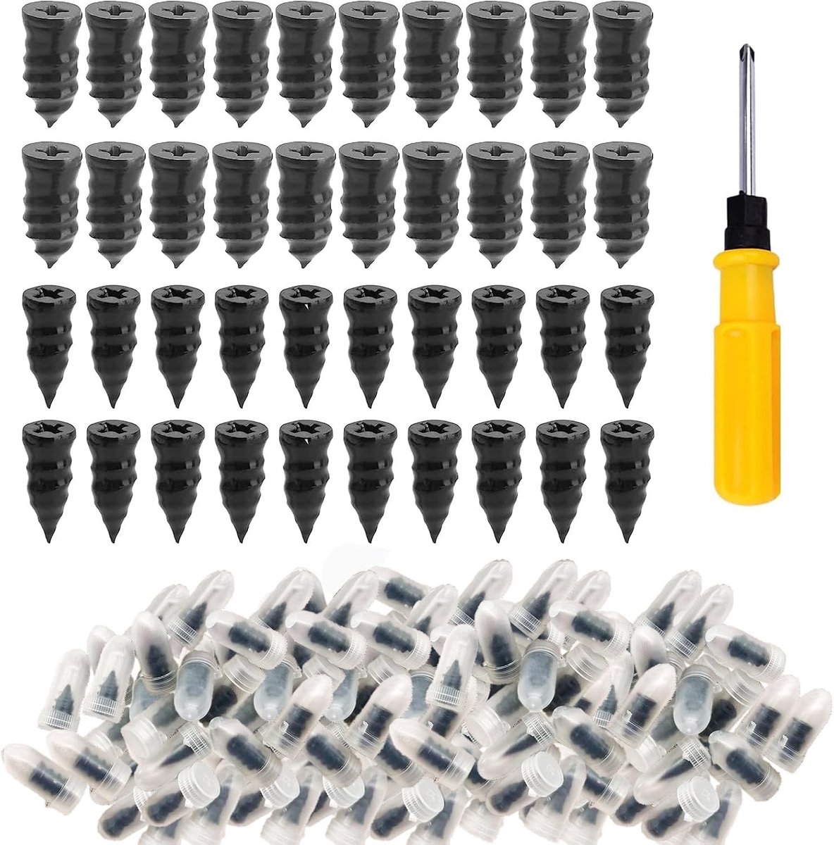 Bandenreparatieset auto - Zwart - 100 stuks - Rubber Spijkers met Schroevendraaier - Voor Auto en Motorfiets