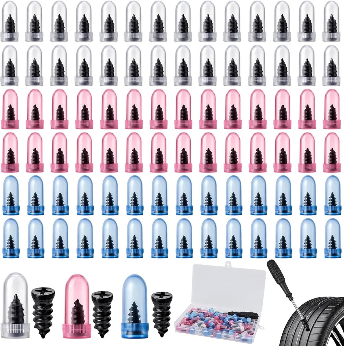 Bandenreparatieset auto - Transparant - 6,8 x 12 mm / 6 x 12 mm / 5,3 x 12 mm - Rubber gecoate stalen reparatiestoppen - Voor auto, motorfiets en fiets