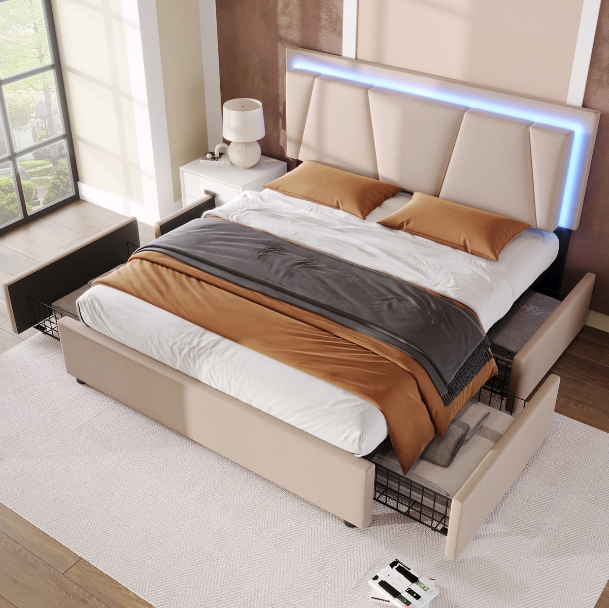 MEUNIQ Gestoffeerd tweepersoonsbed 140 x 200 cm met verstelbaar hoofdbord, LED-verlichting, 4 lades en houten lattenbodem voor slaapkamer, Beige