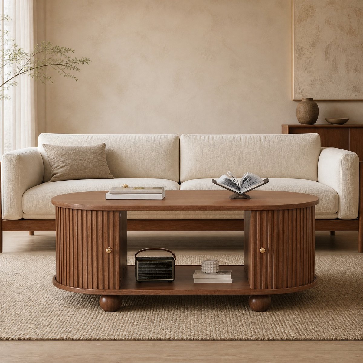 MEUNIQ Ovale salontafel 100 x 50 x 40 cm met schuifdeuren, verdeeld opbergvak en bolvormige poten voor woonkamer, walnootkleur