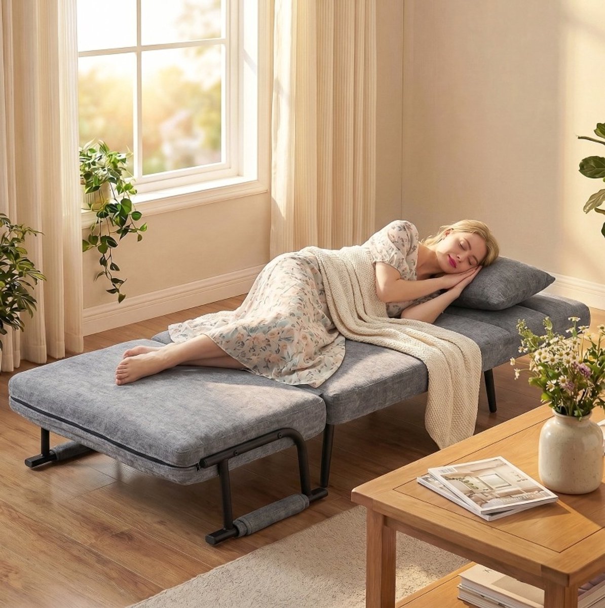 MODENUIT Slaapfauteuil 73 Bij 67 Bij 96 Cm - 3-in-1 Verstelbare Rugleuning - Kleine Ruimtes - Metaal Grijs