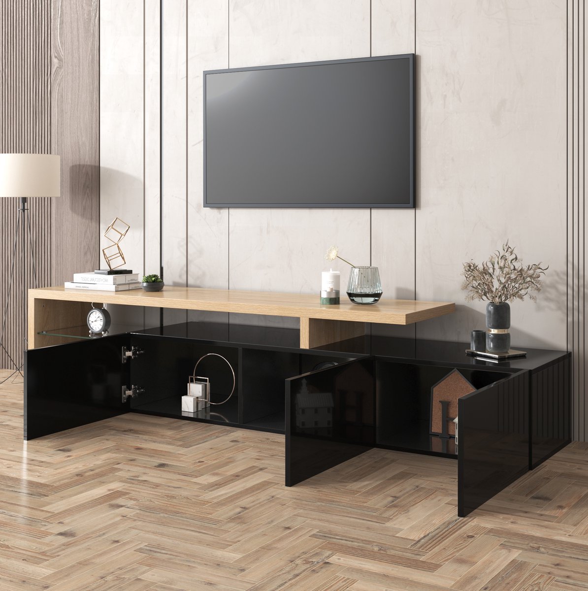 MEUNIQ TV-meubel 197,5 cm met 3 deuren, glazen planken en appgestuurde 7-kleuren LED-verlichting voor woonkamer, zwart en naturel