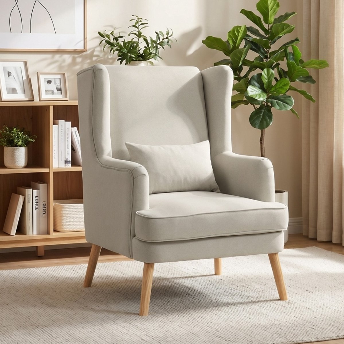 MODENUIT Fauteuil 77 x 77 x 110 cm - Hoge Rugleuning Met Lendenkussen - Woonkamer - Effen Stof Beige