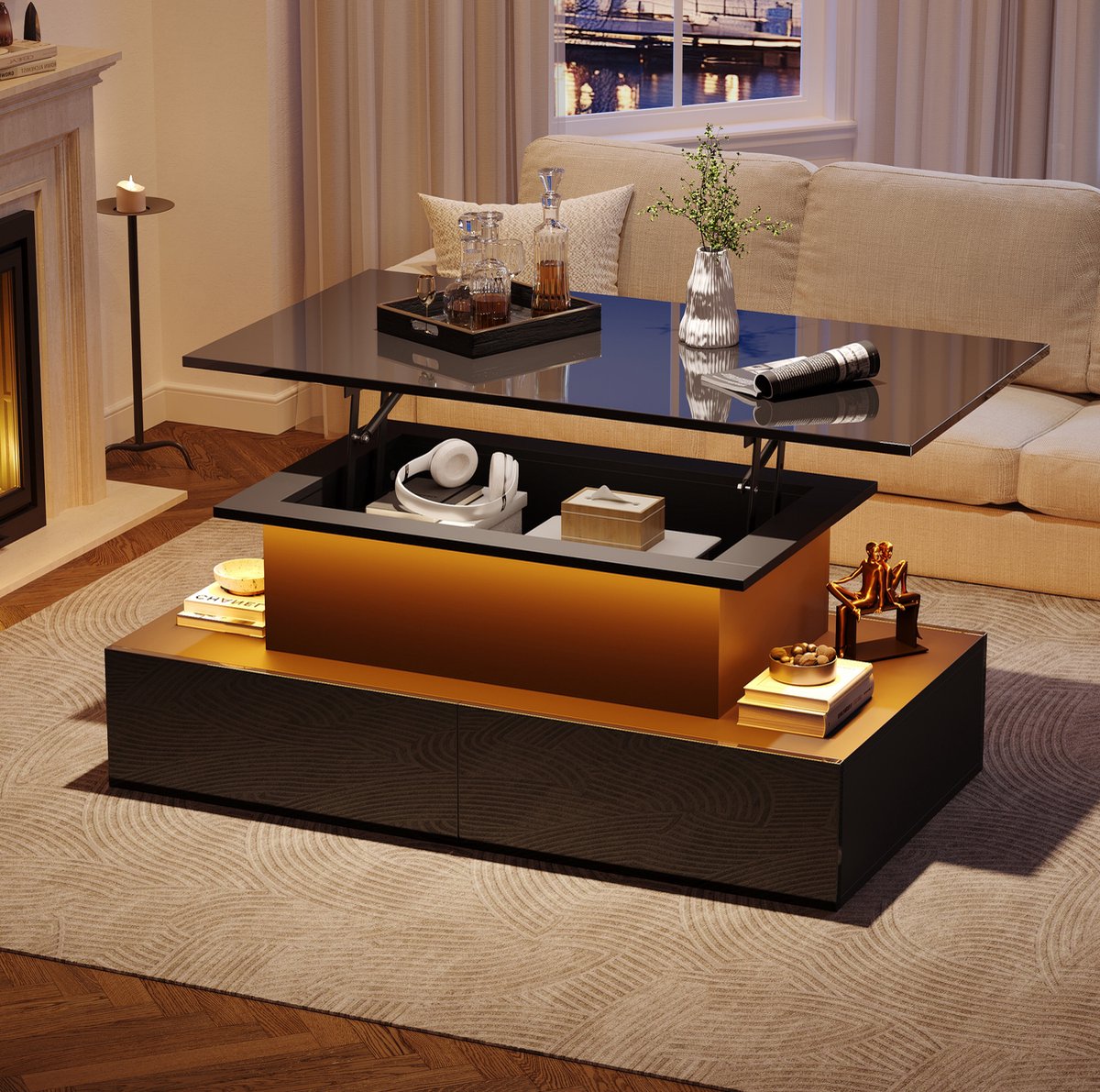 MEUNIQ Salontafel 90 x 55 x 41 cm met uitschuifbaar blad, LED-verlichting, 4 kliklades en verborgen opbergruimte voor woonkamer, zwart hoogglans