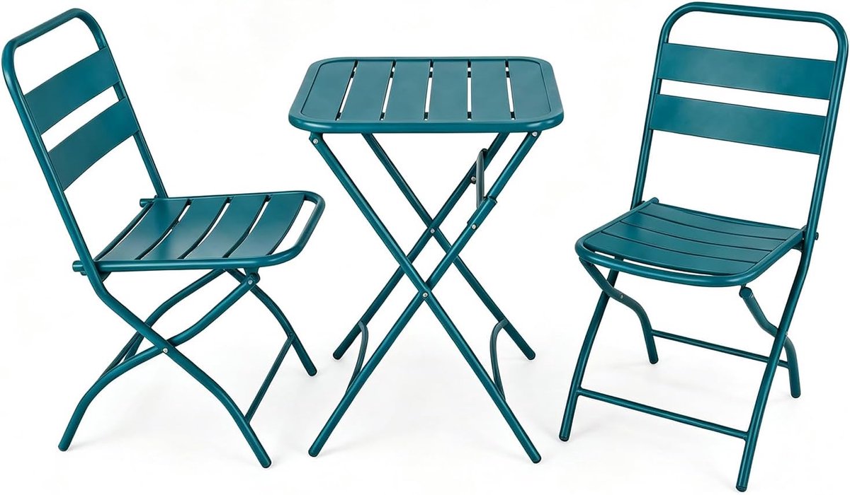 Vouwbaar tuinset 3-delig - petrol blauw - tafel + 2 stoelen - metaal - weerbestendig - voor balkon en terras