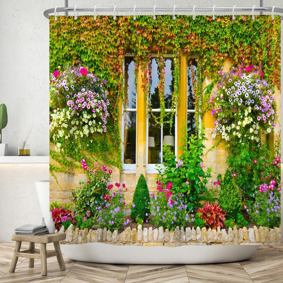 180 x 200 cm, lente, tuin, buiten, kleurrijk, bloemen, muur, oranje, groene bladeren, badkamer, wasbaar, douchegordijnen, polyester, textiel, waterdicht, badgordijn voor bad