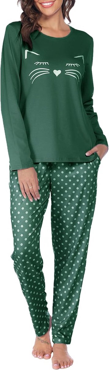 Pyjama Dames Lange Pyjama Katoenen Winter Pyjama Set Ronde Hals Top en Pyjamabroek Lange Mouwen Loungewear Nachtkleding Huispak Gezellig Vrijetijdspak