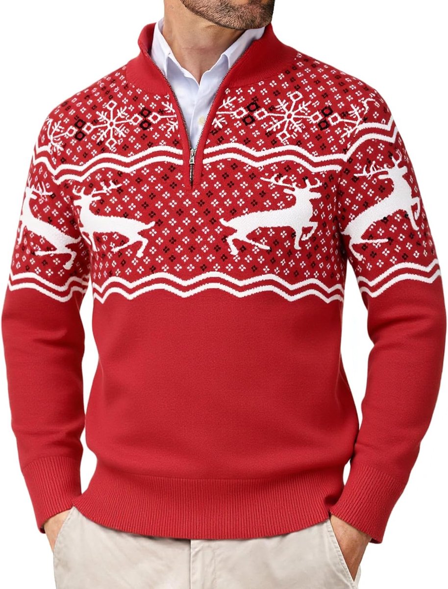 Kersttrui voor heren, met 1/4 ritssluiting, troyer, gebreide trui, opstaande kraag, lange mouwen, kersttrui, rendier, winter, coltrui, S-3XL