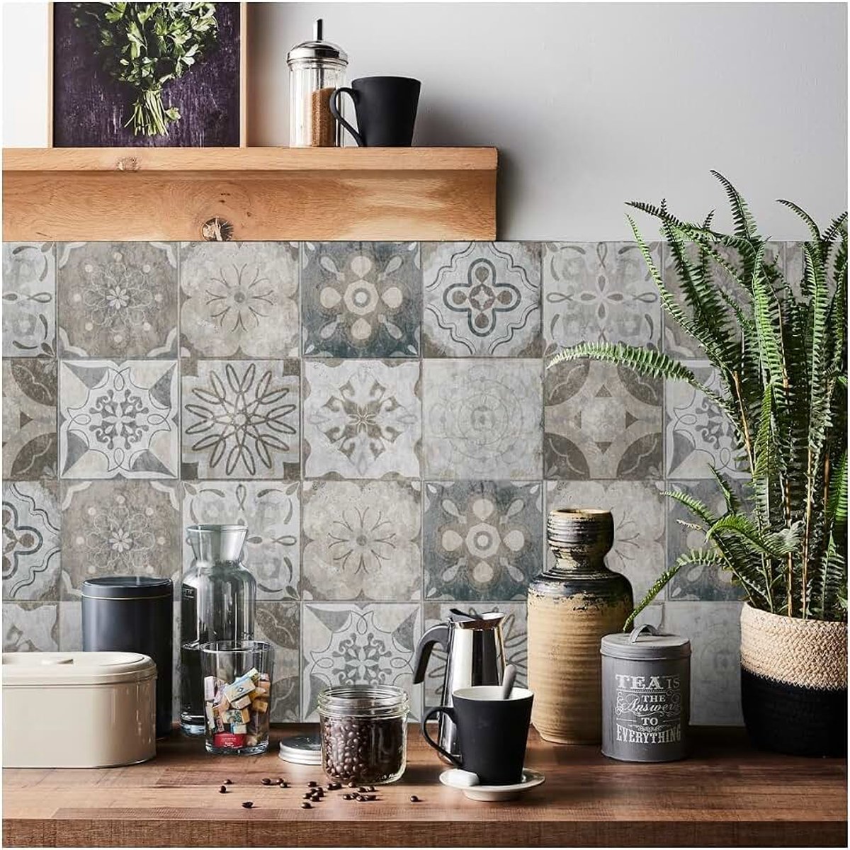 24 stuks tegelstickers voor keuken badkamer vintage zelfklevende muurtegels waterdicht oliebestendig kunst (10cm x 10cm, 4x4 inch) grijs