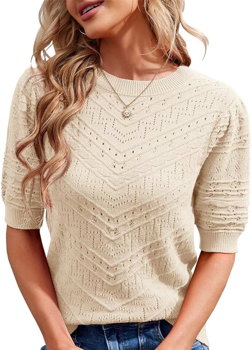 Runcati Dames gebreide trui met korte mouwen casual ronde hals pofmouwen elegant effen sweatshirt trui