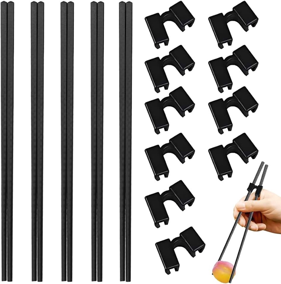 5 paar glasvezel eetstokjes en 10 trainers, vaatwasmachinebestendig, antislip, sushi eetstokjes van hoogwaardige legering voor volwassenen en kinderen (24 cm) (zwart)