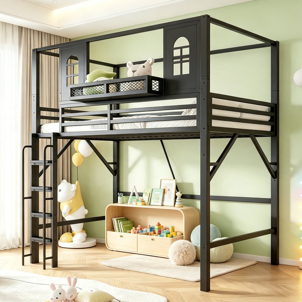 Zubaliya Kinderhoogslaper 90 x 200 cm met dakdesign, metaal stapelbed met veiligheidsladder, speelruimte met venster, opbergvak, multifunctionele hoogslaper voor kinder- en tienerkamer zwart