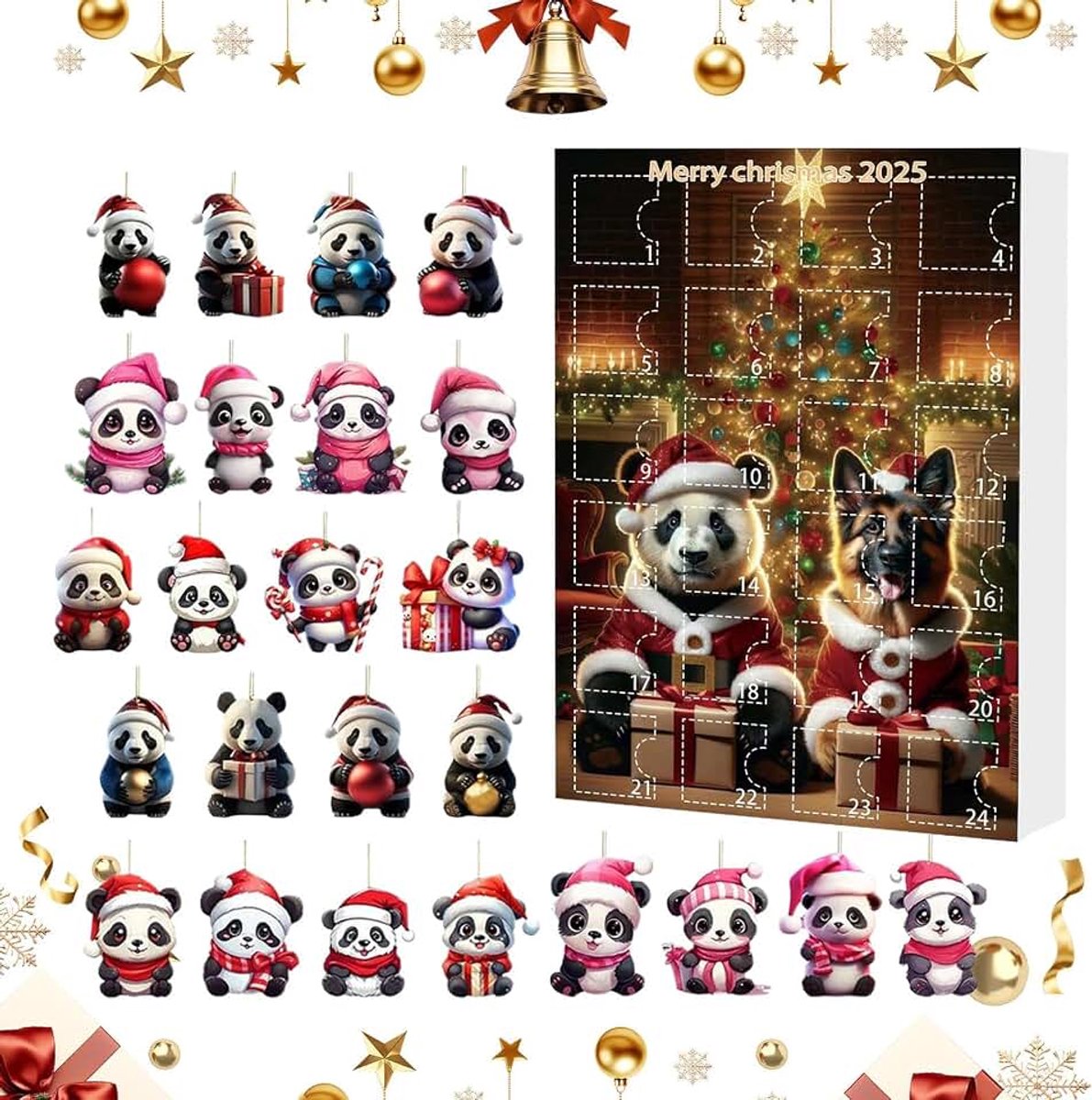 Aftelkalender Kerst Kerstornamenten 2D Acryl Panda Hanger | 2025 24 Daagse Aftelkalender Dieren Hanger Voor Auto Binnenspiegel Muur Raam Kerstboom Deur Winterfeest