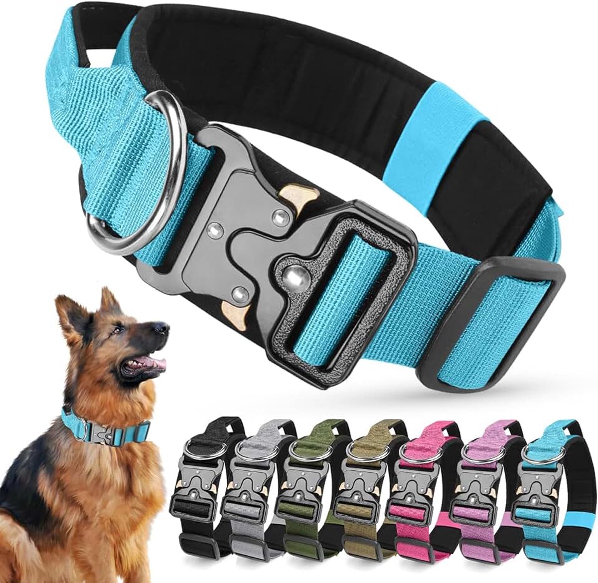 Hondenhalsband, gewatteerde verstelbare polypropyleen zachte halsbanden, zwaar belastbare, ademende, sterke trainingshondhalsband met handvat en robuuste metalen gesp (blauw, XL)