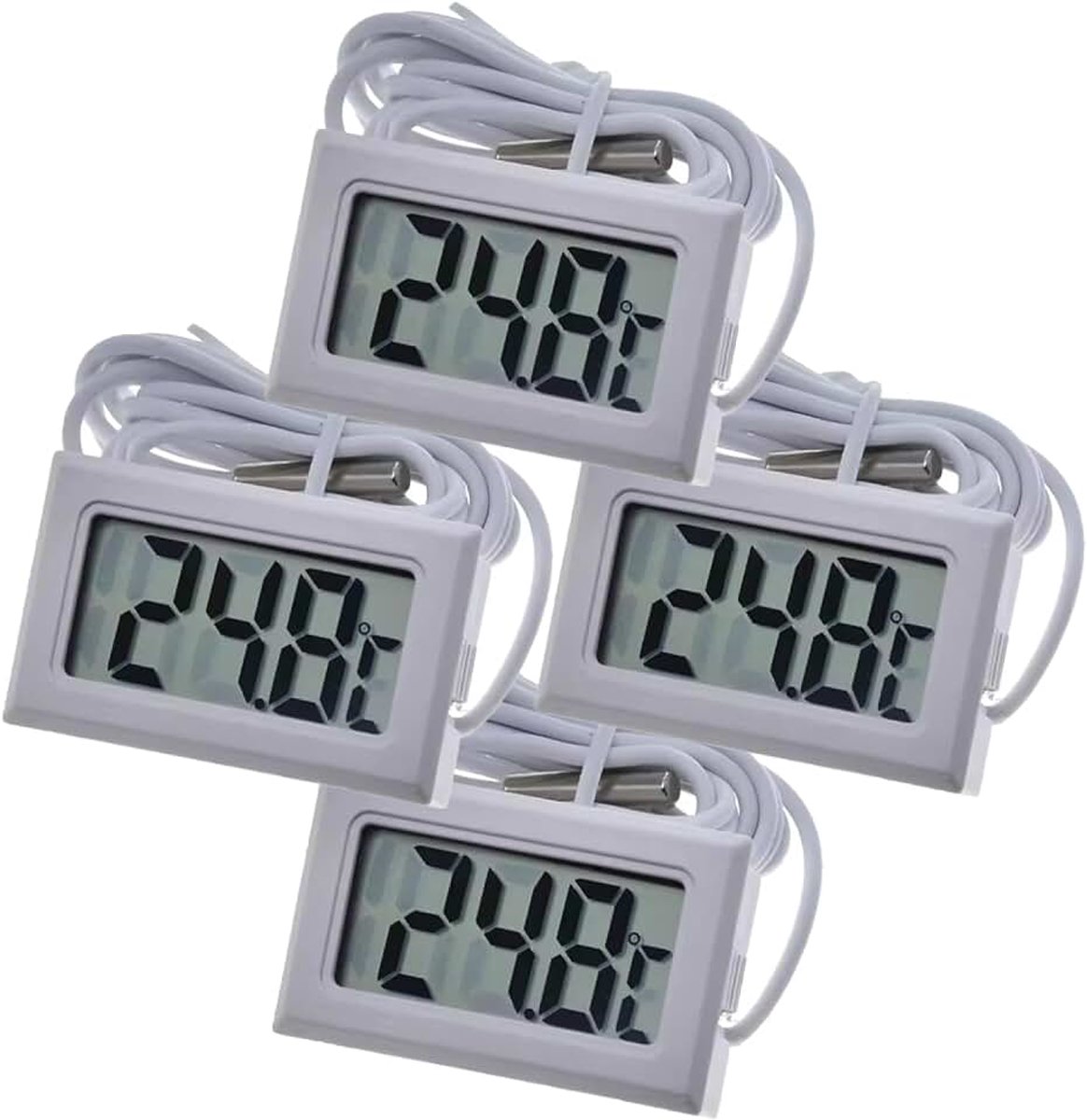 4 x digitale inbouw lcd-thermometer met afstandssensor, buitensensor, temperatuurbewaking, kamerthermometer voor binnen, kantoor, woonkamer, voor koelkast, vriezer, aquarium, wit