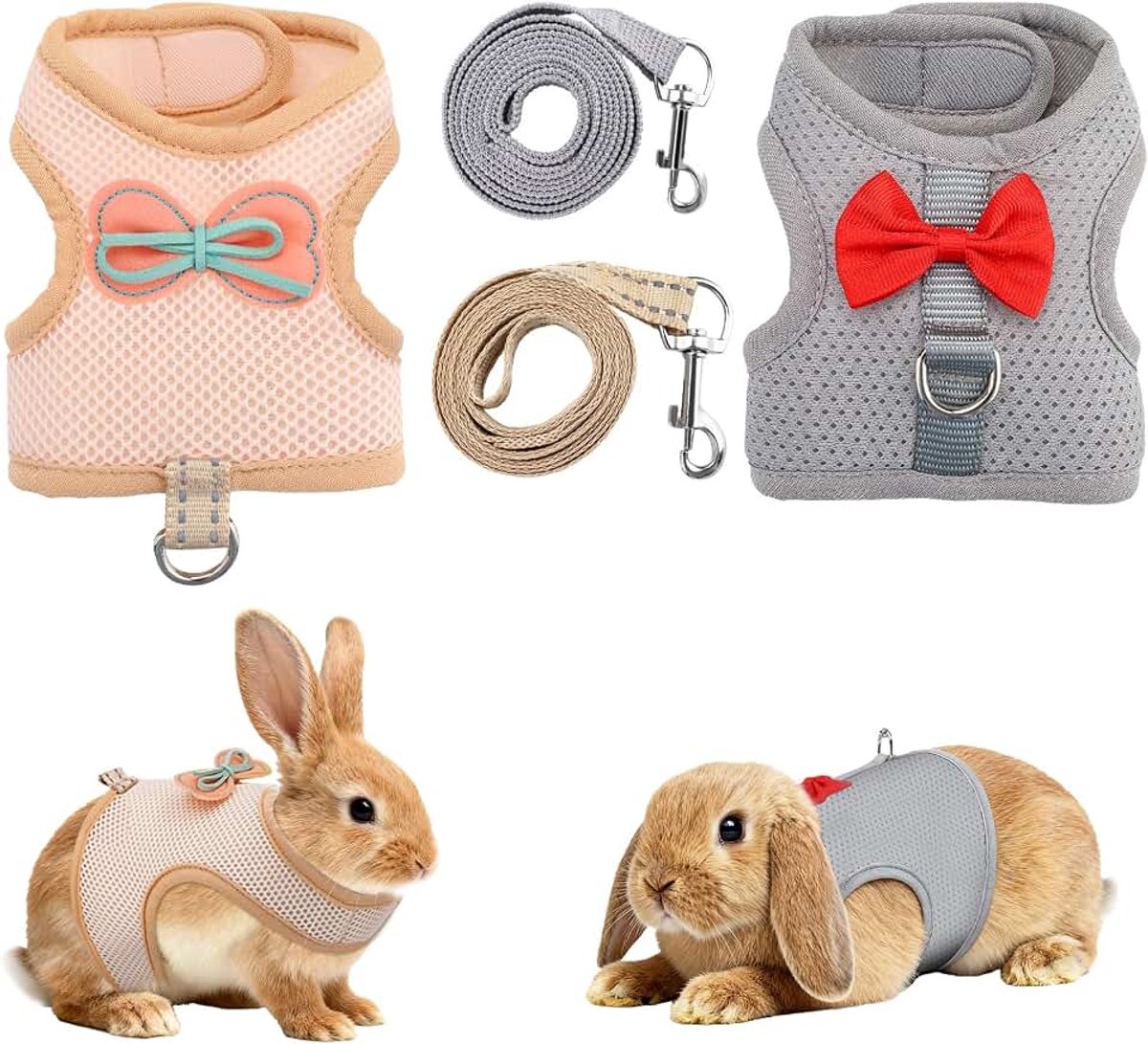 Set van 2 polyester konijnenharnas en riem - ontsnappingsbestendig, verstelbaar harnas voor kleine dieren met 47,2 inch riem en draaibare D-ring (kaki+ Deep Space Grey, s)