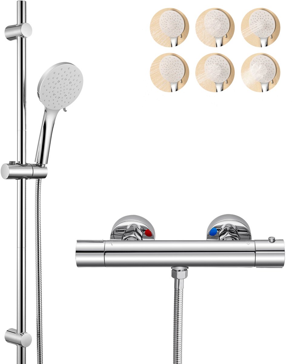 Auralum max Thermostatische Douchekraan - Doucheset - 15 cm Hartafstand - 90 cm Glijstangset - 6 Standen Douchekop - 150 cm Doucheslang - Inclusief koppelingen - Waterbesparend - Chroom&Wit