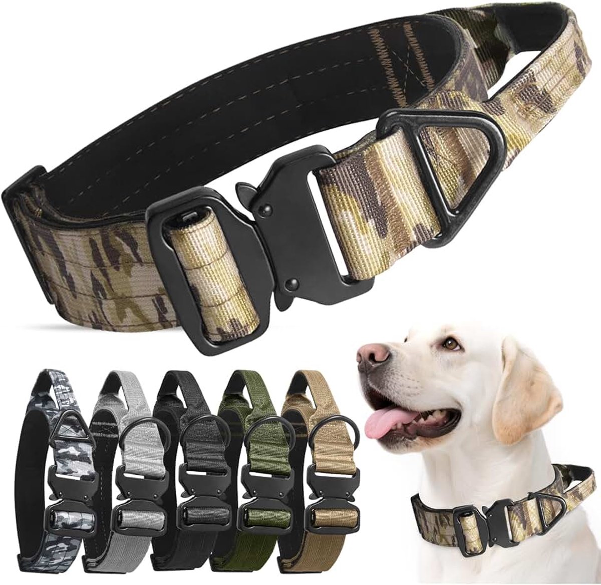 Halsband, zacht gevoerde hondenhalsband met handvat en zwaar belastbare metalen gesp, dikke brede, sterke halsbanden voor kleine, middelgrote en grote hondentraining (camouflage