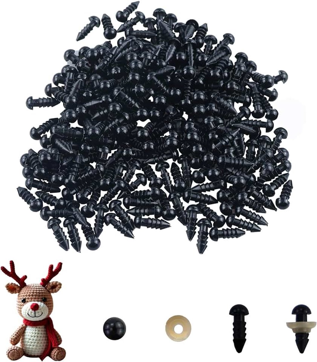 Ogen voor gehaakte dieren, kunststof knoopogen, 6 mm, zwart, amigurumis-ogen voor pluche dieren, poppenogen met sluitringen, voor pop, pluche dier, knutselen.
