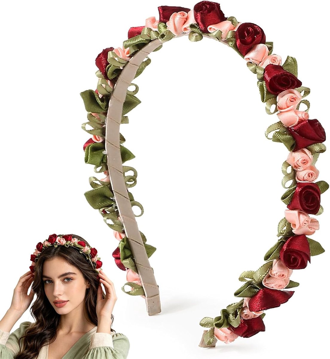 Haarband voor dames met rozen, bloemenkrans, klederdracht, haarsieraad voor dames, rode roze bloemen hoofdband voor Oktoberfest, bruiloft, carnaval, festival, haaraccessoires als dirndl-accessoire